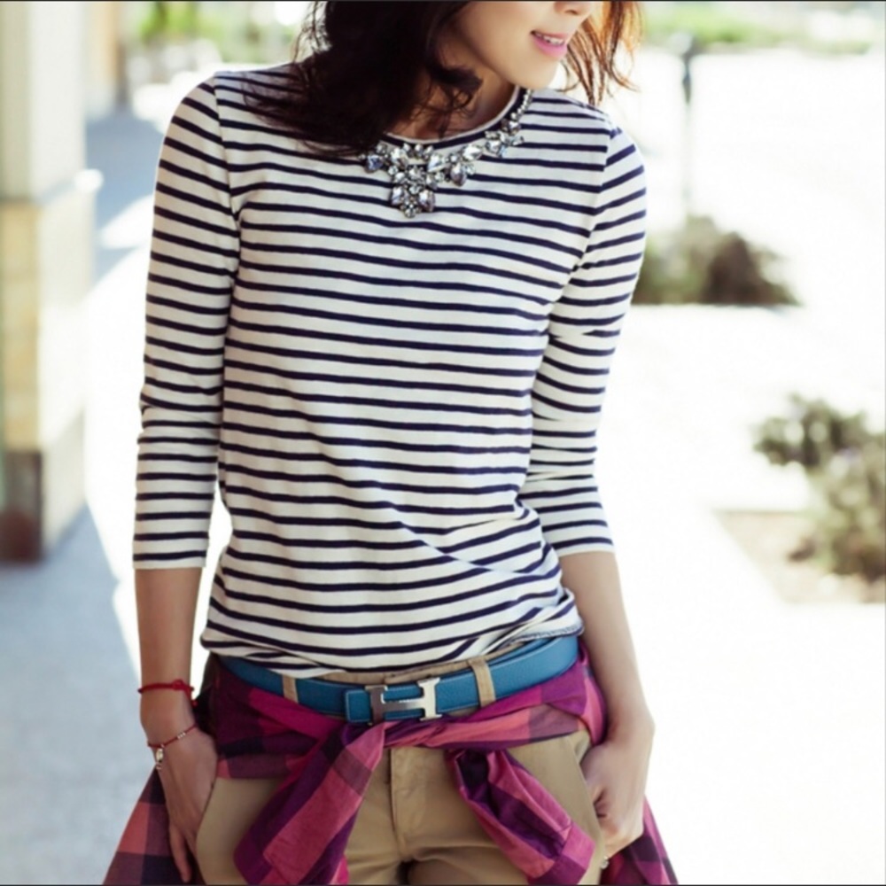 J. Crew Factory Navy and White Striped Long Sleeve Tee
